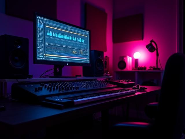 Modern home music studio setup with synthesizers and computer screen