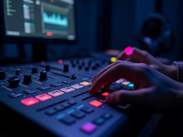 Person using music production software with mixer interface