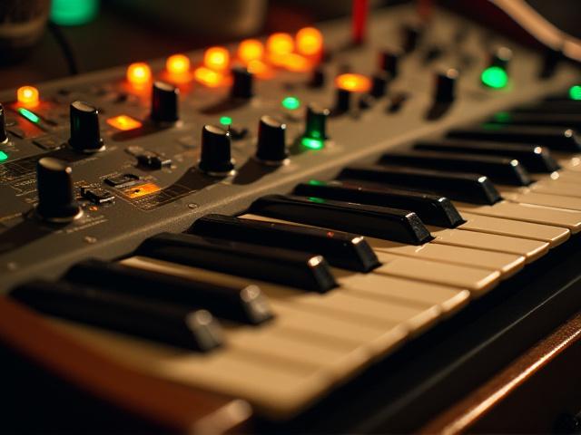 Vintage synthesizer keyboard with glowing buttons