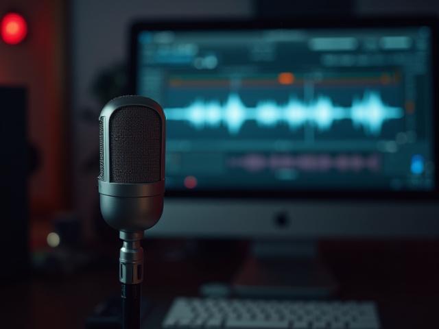 Microphone in a recording studio with sound wave software